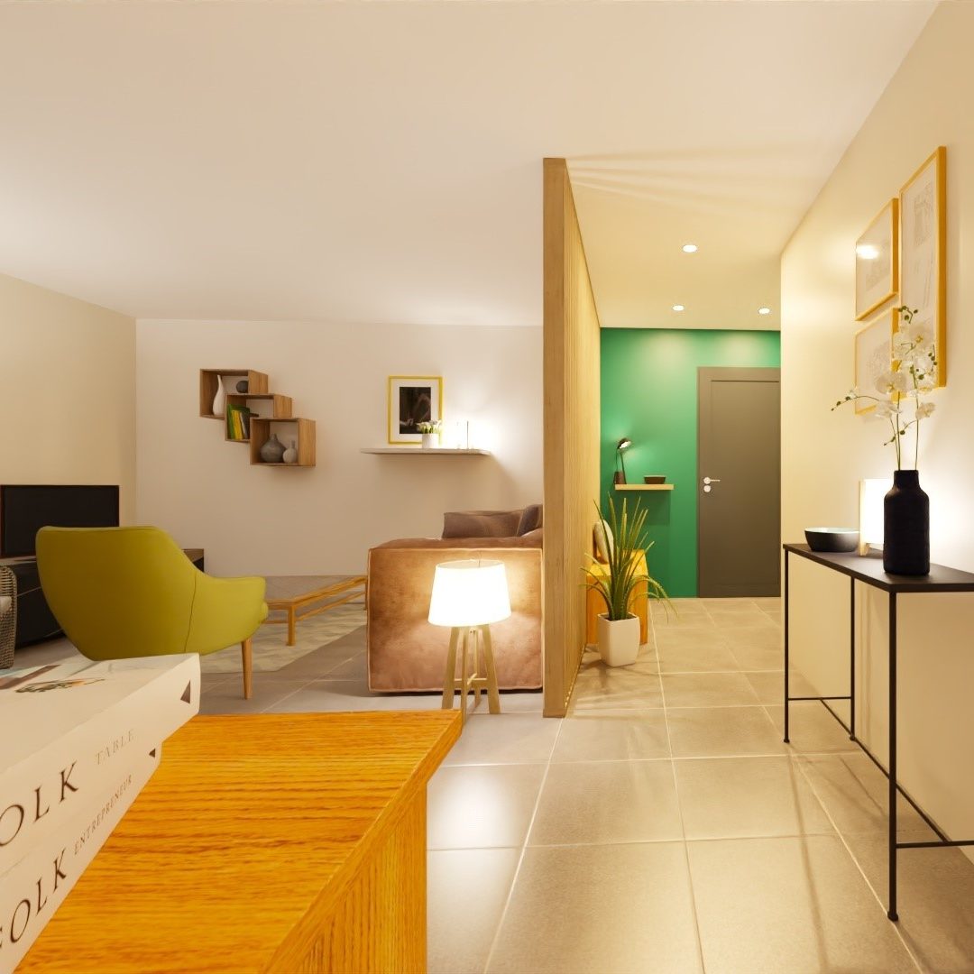 image d'une entrée séparée du séjour par une claustra en bois, décoration moderne avec un mur vert foncé pour le mur de la porte d'entrée