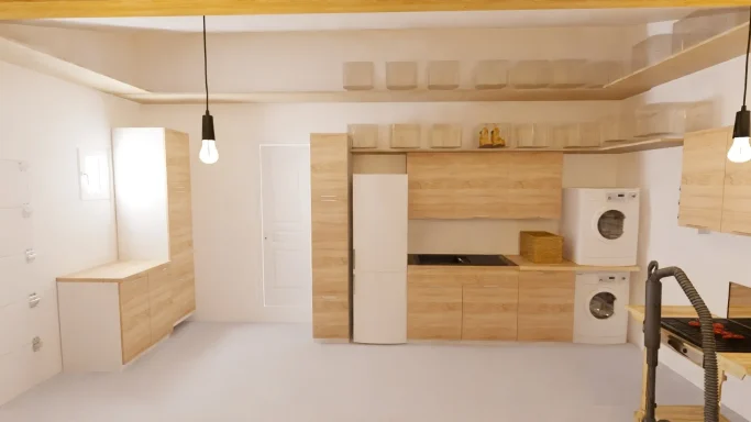 Cuisine moderne avec des meubles en bois clair et appareils électroménagers intégrés.