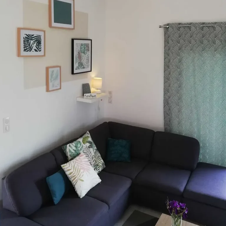 photo d'un salon composé d'un canapé d'angle bleu marine surmonté par plusieurs cadres sur le thème végétal