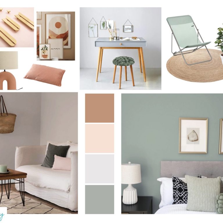 planche d'ambiance printemps mobilier et accessoires déco pour le printemps dans les verts doux et le beige rosé