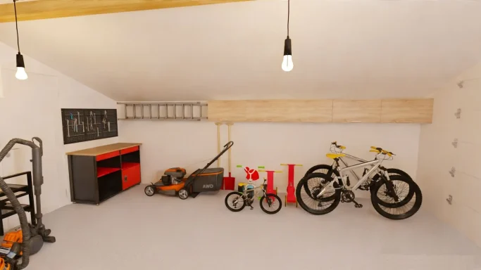 image montrant l'intérieur d'un grand garage avec des vélos sous des placard hauts
