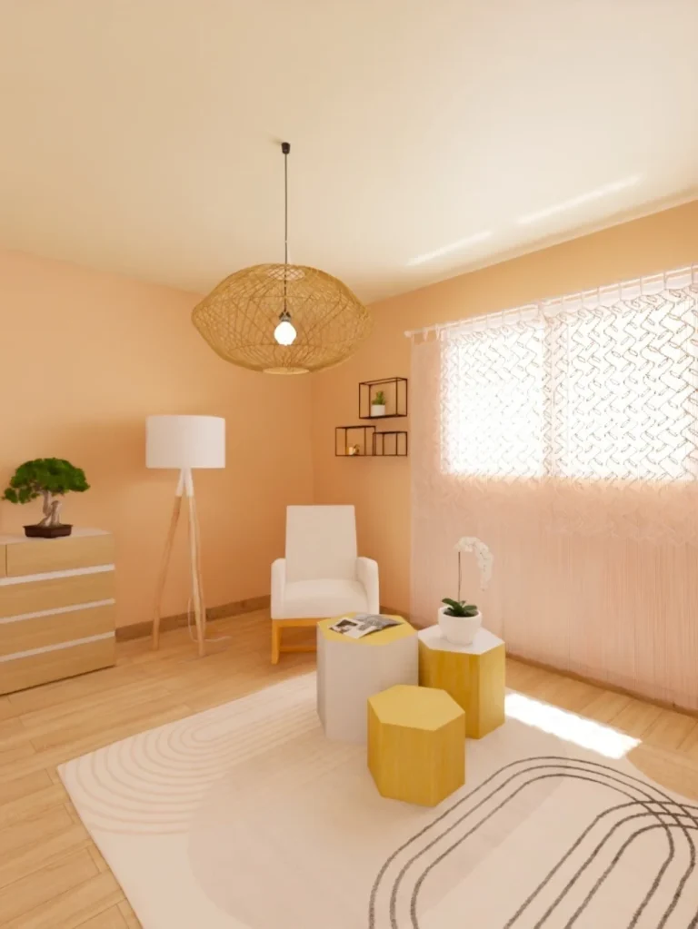 pièce lumineuse avec un fauteuil blanc, un lampadaire pied en bois et abat-jour blanc, 3 tables basses pour une ambiance cocon